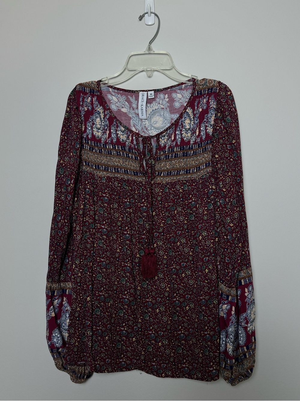 Grace + Karma Floral Boho Tunic Top with Tassel Tie Neckline Size M